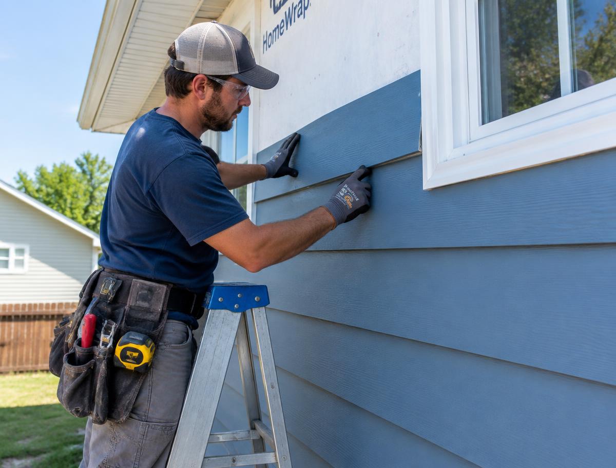 Bluebird Construction crew installing lap siding